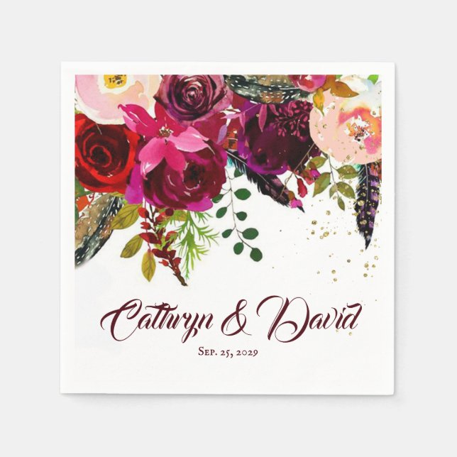 Serviette En Papier Bold Boho Burgundy Floral Mariage Personnalisé (Devant)