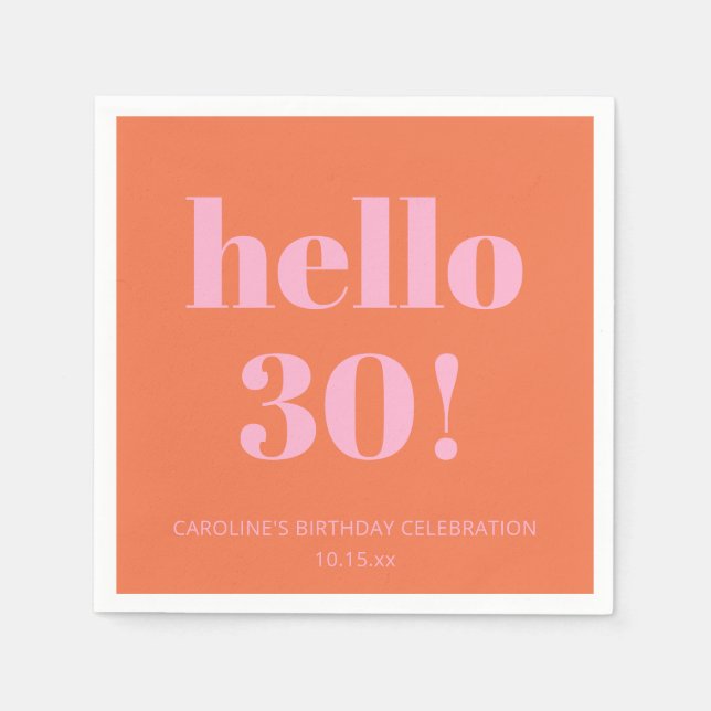 Serviette En Papier Bold Modern Simple Orange Pink 30th Birthday Party (Devant)