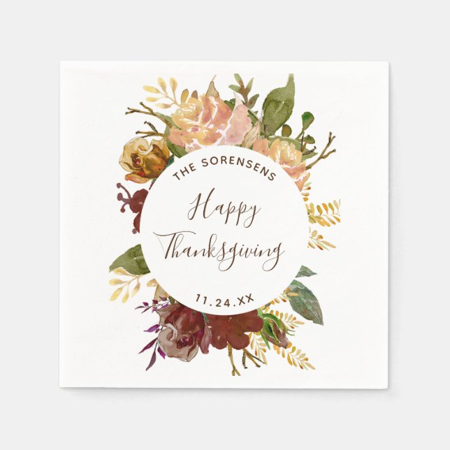 Serviette En Papier Bon thanksgiving Automne Floral Personnalisé (Devant)