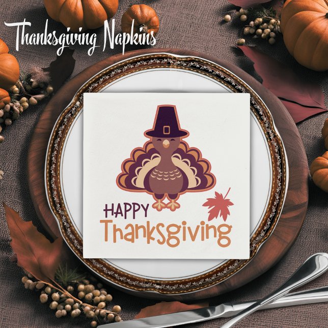 Serviette En Papier Bon thanksgiving Pèlerin mignon Turquie (Happy Thanksgiving Cute Pilgrim Turkey Napkins)