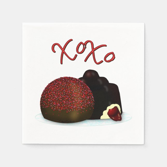 Serviette En Papier Bonbon Valentin XOXO et chocolat noir (Devant)