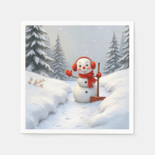 Serviette En Papier Bonhomme de neige amical avec une pelle rouge
