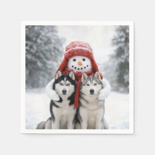 Serviette En Papier Bonhomme de neige étreignant des chiens huskies si