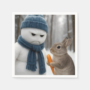 Serviette En Papier Bonhomme de neige renfrogné de Noël avec un lapin