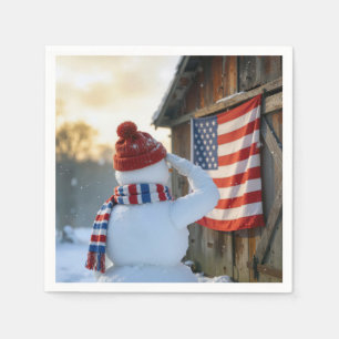 Serviette En Papier Bonhomme de neige saluant un drapeau américain