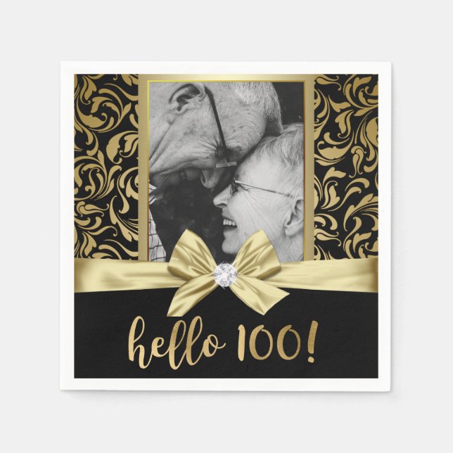 Serviette En Papier Bonjour 100 Gold Black Damask 100e anniversaire (Devant)
