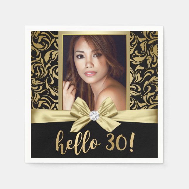 Serviette En Papier Bonjour 30 Gold Black Damask 30e anniversaire (Devant)