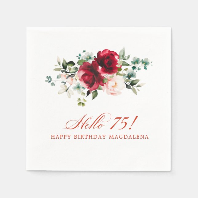Serviette En Papier Bonjour 75 Anniversaire Fête Rouge Rose Floral (Devant)