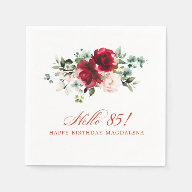 Serviette En Papier Bonjour 85 Anniversaire Fête Rouge Rose Floral (Devant)