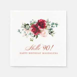 Serviette En Papier Bonjour 90 Anniversaire Fête Rouge Rose Floral