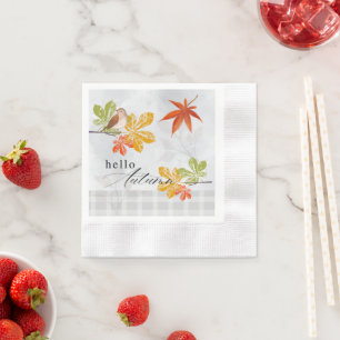 Serviette En Papier Bonjour automne avec les feuilles d'oiseaux et d'a