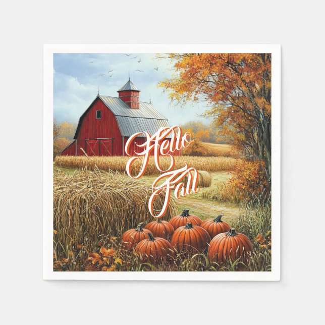 Serviette En Papier Bonjour Automne Thanksgiving Rural Grange Citrouil (Devant)