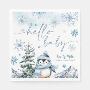 Serviette En Papier Bonjour Baby Penguin, baby shower bleu hiver