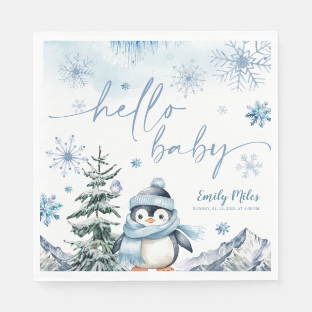 Serviette En Papier Bonjour Baby Penguin, baby shower bleu hiver (Devant)