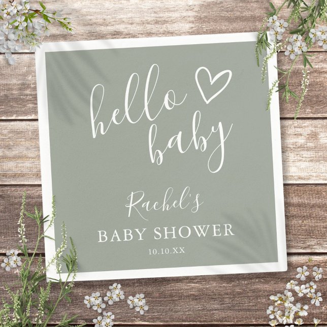 Serviette En Papier Bonjour Baby shower Genre Neutre Boho Sage Green (Hello Baby Shower Gender Neutral Boho Sage Green Napkins)