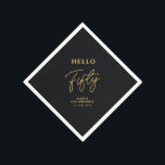 Serviette En Papier Bonjour Cinquante | Black & Gold 50th Birthday Par<br><div class="desc">Cette serviette en papier noir et or ajoutera un détail élégant à votre célébration du 50e anniversaire. Ce design comprend la typographie moderne "Hello Fifty" avec du texte personnalisé. Des invitations et des fournitures de fête correspondants sont disponibles dans ma boutique BaraBomDesign.</div>