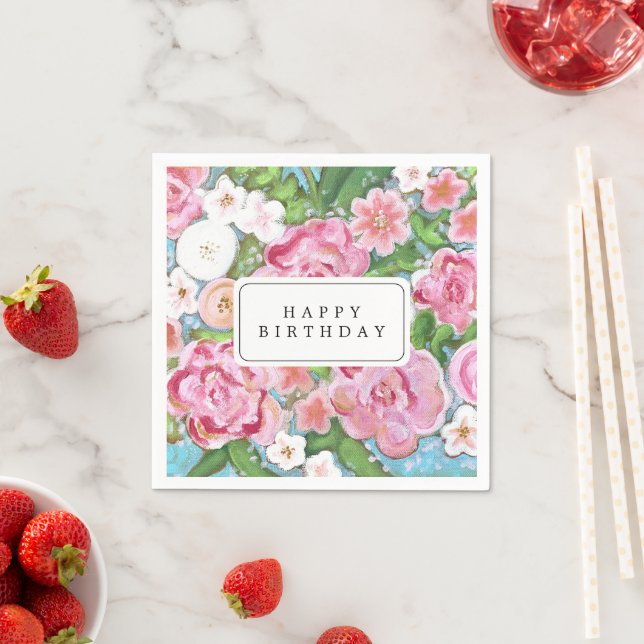 Serviette En Papier BONJOUR D'ANNIVERSAIRE Rose Floral (En situation)