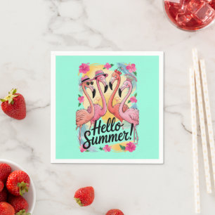 Serviette En Papier Bonjour Été Mignon Flamant Rose Plage Vacances Tro