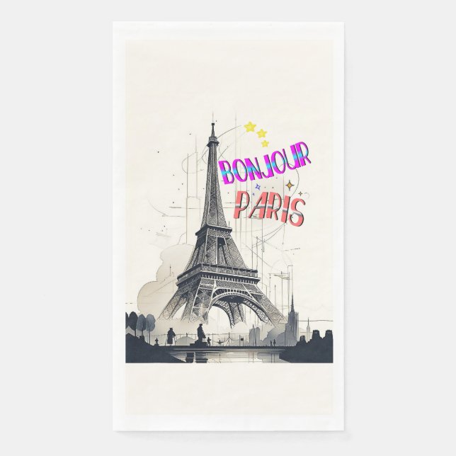 Serviette En Papier Bonjour Paris coloré (Devant)