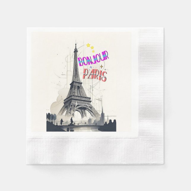Serviette En Papier Bonjour Paris coloré (Devant)
