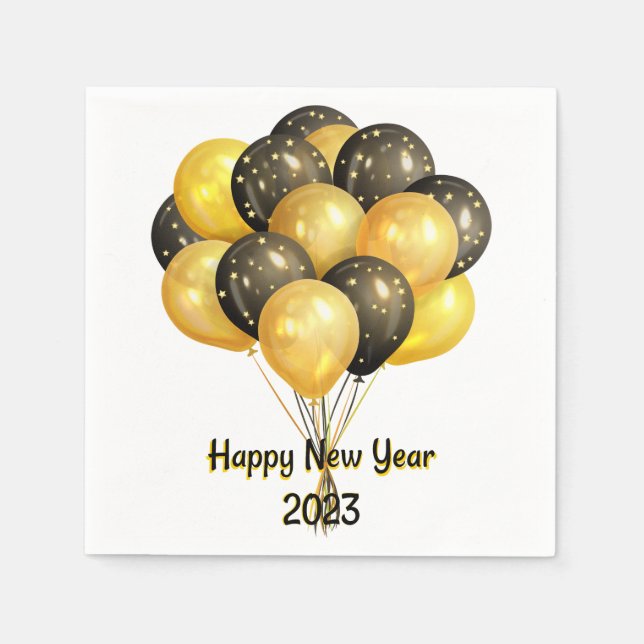 Serviette En Papier Bonne année 2023 Ballons Noir et Or (Devant)