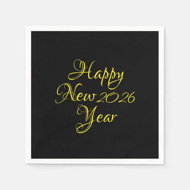 Serviette En Papier Bonne année 2026 Script noir et jaune (Devant)