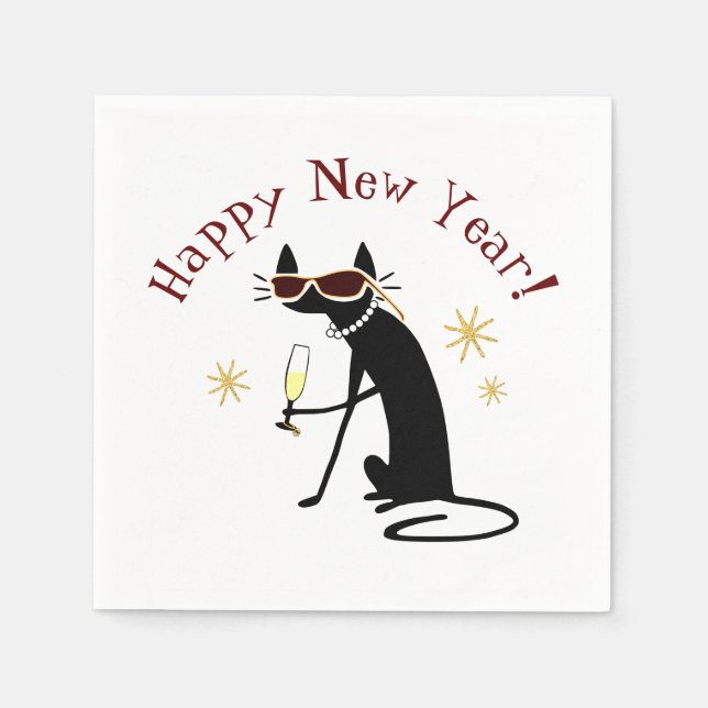 Serviette En Papier Bonne année Chat avec Champagne (Devant)