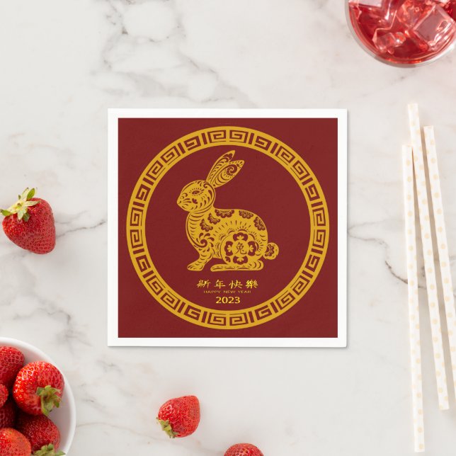 Serviette En Papier Bonne année chinoise 2023 Rabbit Red Gold (En situation)