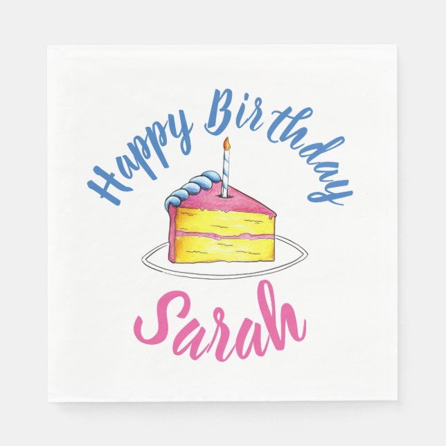 Serviette En Papier Bonne fête d'anniversaire Pink Cake Slice Candle P (Devant)