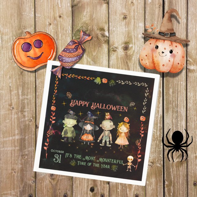 Serviette En Papier Bonne fête des monstres mignons d'Halloween (Happy Halloween Cute Monsters Party Napkins)
