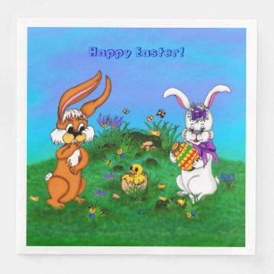 Serviette En Papier Bonne Pâques ! Lapin avec lapin et poussin