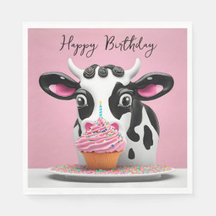 Serviette En Papier Bonne Vache D'Anniversaire Avec Cupcake Sur Rose