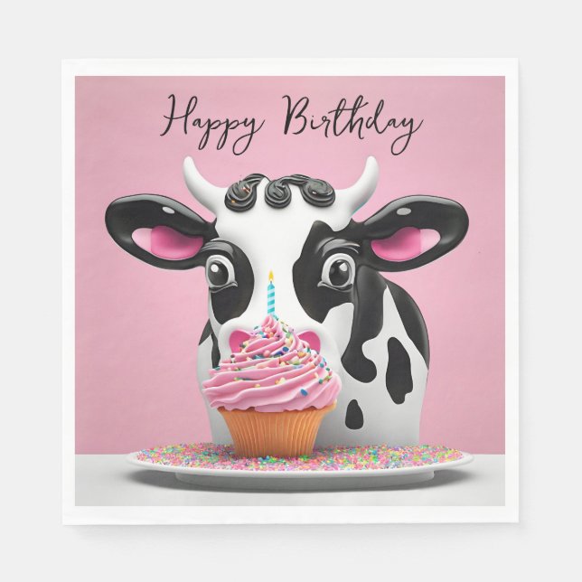 Serviette En Papier Bonne Vache D'Anniversaire Avec Cupcake Sur Rose (Devant)