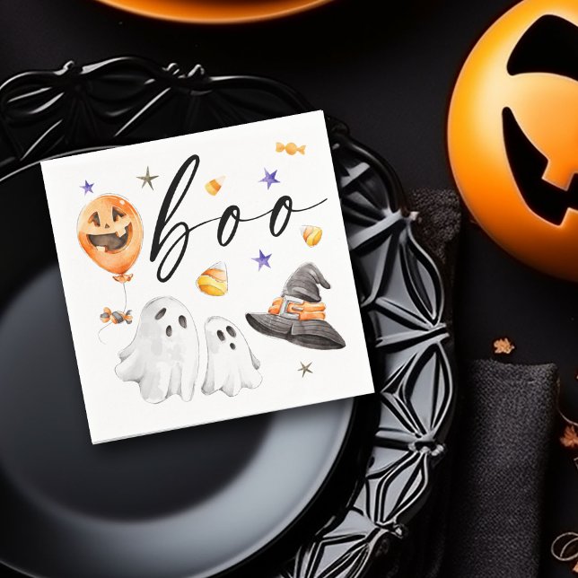 Serviette En Papier Boo Halloween Watercolor (Boo! Halloween watercolor ghosts, witch hat, pumpkin balloon and candy corn designed napkin,)