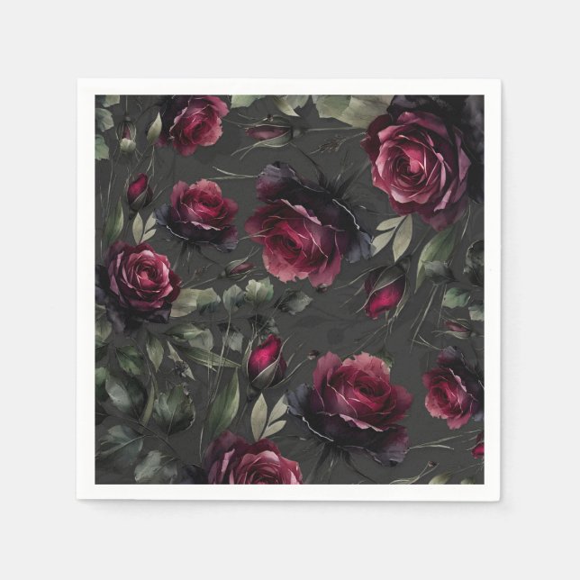 Serviette En Papier Bordeaux Red Roses Shadowy Grey Floral Mariage (Devant)