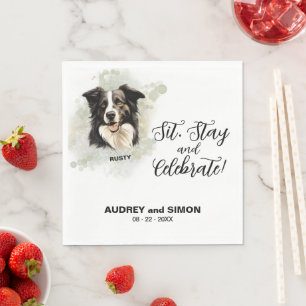 Serviette En Papier Border Collie Assis, Reste & Célébrez Mariage