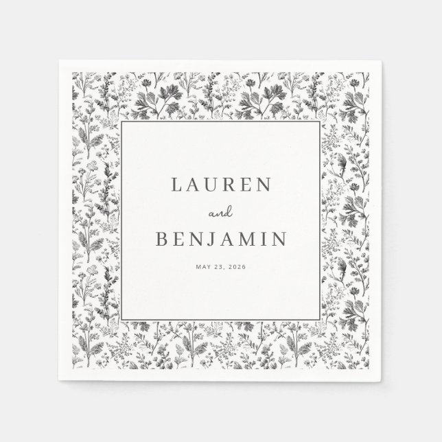 Serviette En Papier Bordure botanique noire élégante (Devant)