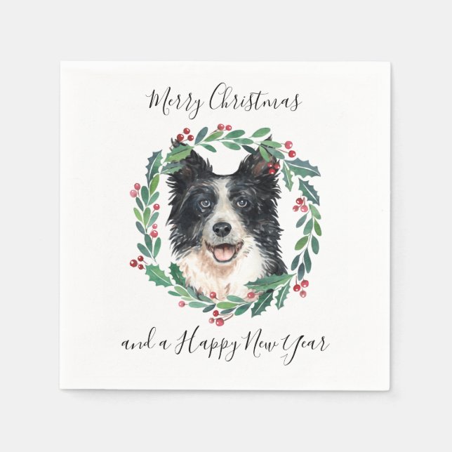 Serviette En Papier Bordure Collie Elegant Chien Joyeux Noël (Devant)