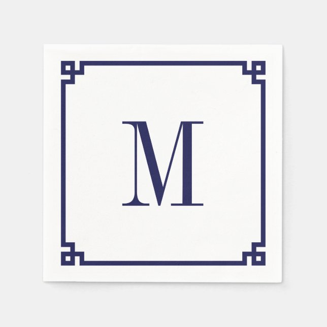 Serviette En Papier Bordure de clé grecque Navy Monogramme (Devant)