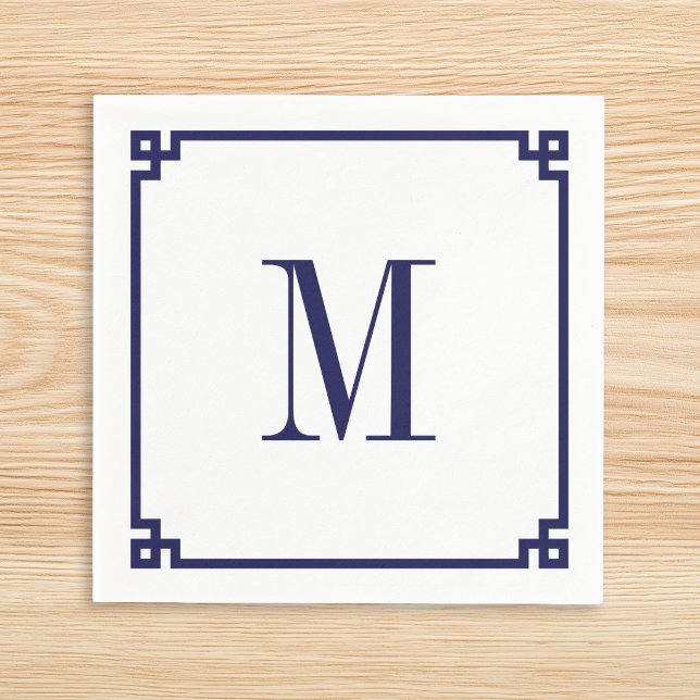 Serviette En Papier Bordure de clé grecque Navy Monogramme (Navy Greek Key Border Monogram Napkins)
