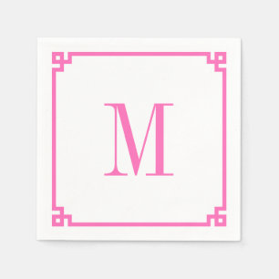 Serviette En Papier Bordure de clé grecque rose chaud Monogramme