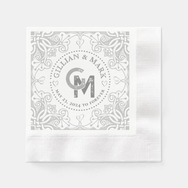 Serviette En Papier Bordure de coeur du Mariage d'argent monogramme (Devant)