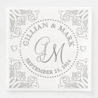 Serviette En Papier Bordure de coeur du Mariage d'argent monogramme