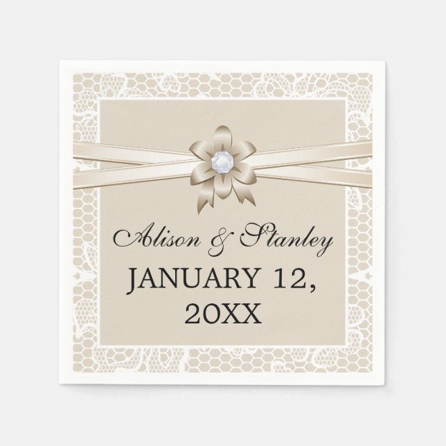 Serviette En Papier Bordure de dentelle avec ruban beige & mariage de  (Devant)