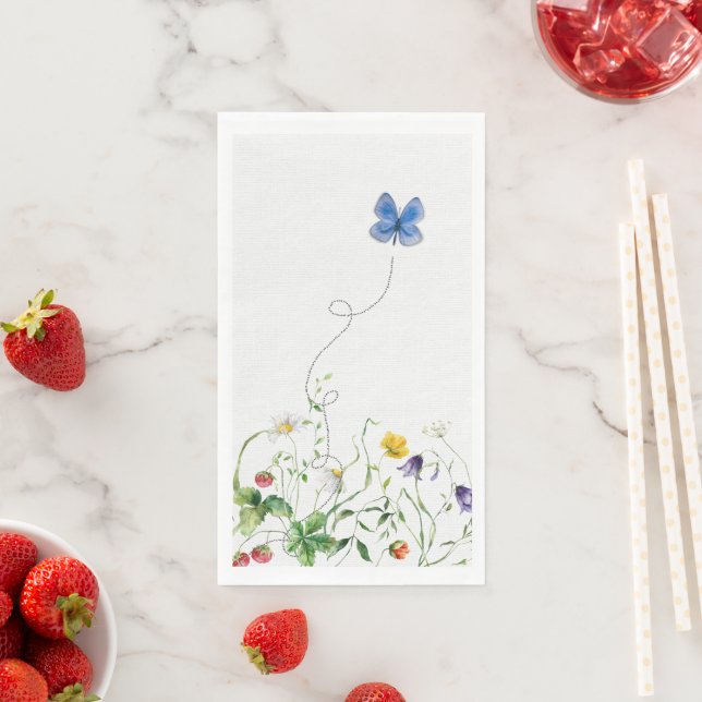 Serviette En Papier Bordure de fleurs sauvages avec un papillon bleu (En situation)