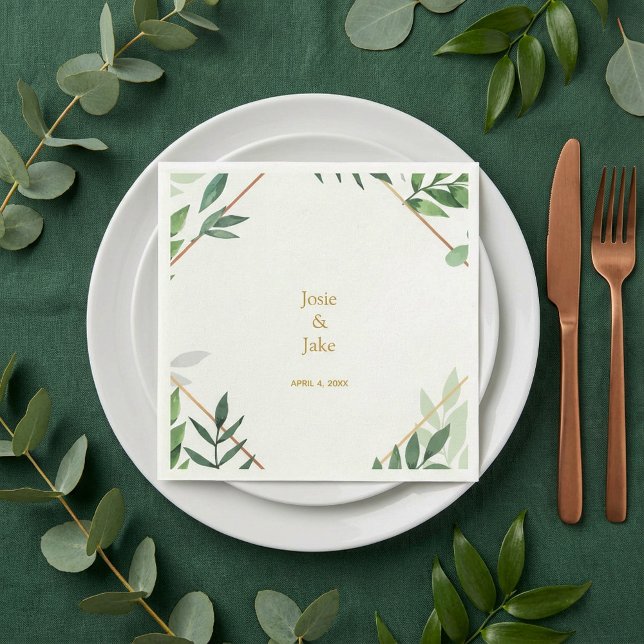 Serviette En Papier Bordure dorée, feuilles vertes Noms de mariage, ré (Gold border, green leaves Wedding names, reception Napkins.)