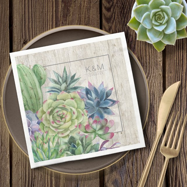 Serviette En Papier Bordure du Mariage de bois rustique et succulents  (Créateur téléchargé)
