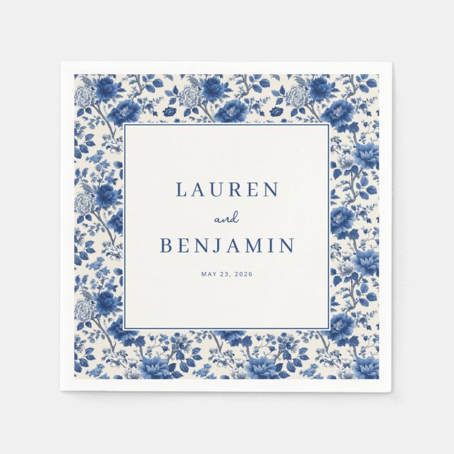 Serviette En Papier Bordure Florale Bleue Élégante (Devant)