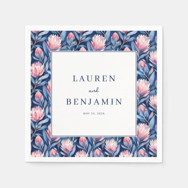 Serviette En Papier Bordure Florale Bleue Élégante (Devant)