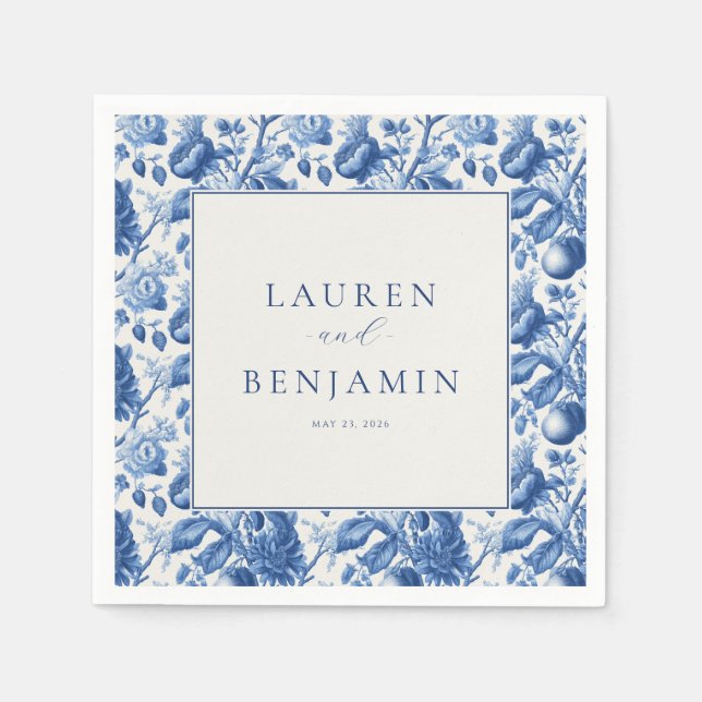 Serviette En Papier Bordure Florale Bleue Élégante (Devant)